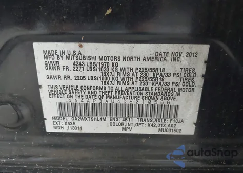 2013 Mitsubishi Outlander Sport Es z USA, uszkodzony, nr VIN 4A4AP3AU4DE010566